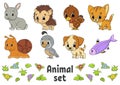 Set of stickers with cute cartoon characters. Animal clipart. Hand drawn. Colorful pack. Vector illustration. Patch badges Royalty Free Stock Photo