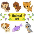 Set of stickers with cute cartoon characters. Animal clipart. Hand drawn. Colorful pack. Vector illustration. Patch badges Royalty Free Stock Photo