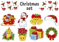 Set of stickers with cute cartoon characters. Christmas theme. Hand drawn. Colorful pack. Vector illustration. Patch badges Royalty Free Stock Photo