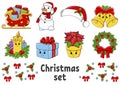 Set of stickers with cute cartoon characters. Christmas theme. Hand drawn. Colorful pack. Vector illustration. Patch badges Royalty Free Stock Photo