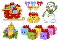 Set of stickers with cute cartoon characters. Christmas theme. Hand drawn. Colorful pack. Vector illustration. Patch badges Royalty Free Stock Photo