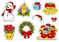 Set of stickers with cute cartoon characters. Christmas theme. Hand drawn. Colorful pack. Vector illustration. Patch badges Royalty Free Stock Photo