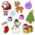 Set of stickers with cute cartoon characters. Christmas theme. Hand drawn. Colorful pack. Vector illustration. Patch badges Royalty Free Stock Photo