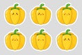 Set of stickers with cute cartoon pepper. Yellow pepper emoji with different emotions. Flat vector