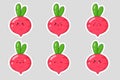Set of stickers with cute cartoon radish. Radish emoji with different emotions. Flat vector