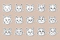 Set of stickers with cute cat faces for planner, notebook. Ready for print list of trendy stickers. Beautiful kitten with