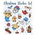 Set of stickers with cute Christmas characters Royalty Free Stock Photo