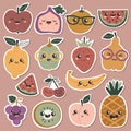 Set of stickers with cute kawaii fruits.