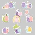 Set of stickers cute snails. Decorative snail characters on rainbow, under leaf and with balloon, a family with baby and Royalty Free Stock Photo