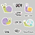 Set of stickers with cute snails and funny phrases about love and slow insect molluscs. Vector illustration. Isolated Royalty Free Stock Photo