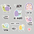 Set of stickers with cute snails, rainbow and funny phrases about love and slowness and insect molluscs. Vector Royalty Free Stock Photo