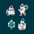 A set of stickers with cute snow characters. Winter snowmen for your design. Happy New Year and Merry Christmas. Royalty Free Stock Photo