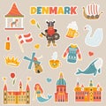 Set of stickers of danish famous places, symbols