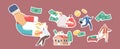 Set Stickers Debt Collection Theme. Hand with Magnet, Family Characters with Baby on Hands, Cottage House, Businessman