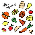 Set of stickers of delicious food. Variety of dishes. Hand-drawn icons. Inscription Bon appetit