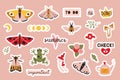 Set of stickers for diaries, vector flat illustration. Cute sticker pack with summer vibe, moth, frog, cartoon image and Royalty Free Stock Photo