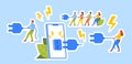 Set of Stickers Digital Detox Theme. Tiny People Pull Plug Turning Off Huge Phone Disconnecting From Technology