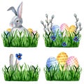 Set of stickers with easter bunny and colored eggs on green grass