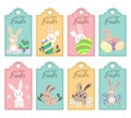 Set of stickers for Easter, decor for holiday. Cute assorted bunnies, colored eggs, flowers and lettering on abstract cutouts.