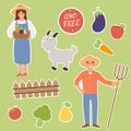 Set of stickers eco farm. Goat, vegetables, farmers. Vector