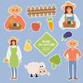 Set of stickers eco farm. Sheep, vegetables, farmers. Vector