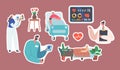 Set of Stickers Elderly People Hospitalization Medical Concept with Senior Diseased Male Female Characters Lying in Bed