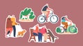 Set of Stickers Elderly People Walk with Dog in Park. Aged Male and Female Characters Relax with Animal, Promenade