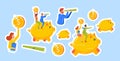 Set of Stickers Family Cash Savings, Budget Planning. People Riding Piggy Bank. Woman with Papers and Man with Spyglass