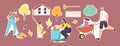 Set of Stickers Family Characters Cleaning Backyard, Collecting Fallen Autumn Leaves, Raking Garbage. Weekend Yardwork Royalty Free Stock Photo