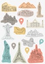 A set of stickers with famous sights of the world\'s cities