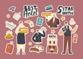 Set Stickers Five Stars Hotel Top Quality Hospitality Service. Tourist, Receptionist, Waiter, Building Facade, Luggage