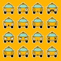 Set of stickers in the form of a cartoon taxi with different emotions. Funny Car Vector Design. Communication Chat Elements on the