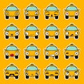 Set of stickers in the form of a cartoon taxi with different emotions. Funny Car Vector Design. Communication Chat Elements on the