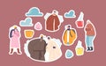 Set of Stickers Freezing People at Wintertime Season Freeze, Male and Female Characters Wear Warm Winter Clothes Royalty Free Stock Photo