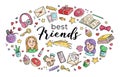 Set of stickers Friends and Friendship. Girls Design Elements. Vector oval horizontal Illustration