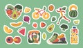 Set Of Stickers Fruits And Vegetables In Shape Of Shoe, Heart, Bicycle, Sportsman, Dumbbell, Scales And Water Bottle