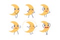 Set of stickers with funny moon character with different emotions, flat cartoon design for game, school, kindergarten