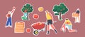 Set of Stickers Gardener Characters Harvesting Apples in Garden. Man with Wheelbarrow, Wooden Box with Apple Crop, Trees