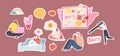 Set of Stickers . Girls Writing Memoirs into Cute Diary. Female Characters with Notebook. Teenagers Sitting on Floor