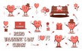 Set of stickers Groovy lovely cartoon characters Heart and elements. Retro Happy Valentines Day. Trendy retro 60s 70s