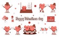 Set of stickers Groovy lovely cartoon characters Heart and elements. Retro Happy Valentines Day. Trendy retro 60s 70s