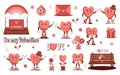 Set of stickers Groovy lovely cartoon characters Heart and elements. Retro Happy Valentines Day. Trendy retro 60s 70s