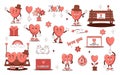 Set of stickers Groovy lovely cartoon characters Heart and elements. Retro Happy Valentines Day. Trendy retro 60s 70s