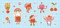 Set stickers groovy valentines day cartoon characters in 60s - 70s retro style.