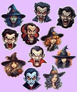 Set of stickers for Halloween with witches and vampires