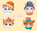 Set of stickers hand drawn cartoon adorable kittens in funny hats. Isolated items