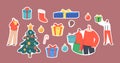 Set of Stickers Happy Family New Year Celebration, Parents, Grandparents and Kids Celebrate at Home near Christmas Tree Royalty Free Stock Photo