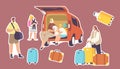 Set of Stickers Happy Family Sitting at Car Trunk with Dog Ready for Travel. Mother, Father and Children with Luggage Royalty Free Stock Photo