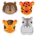 Set of stickers with the heads of animals in Doodle style on white background