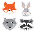 Set of stickers with the heads of animals in Doodle style on white background